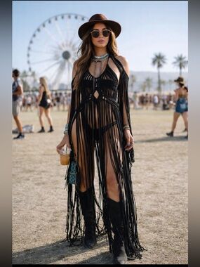 handmade black macrame festival dress / beach cover-up featuring fringe Bali bag